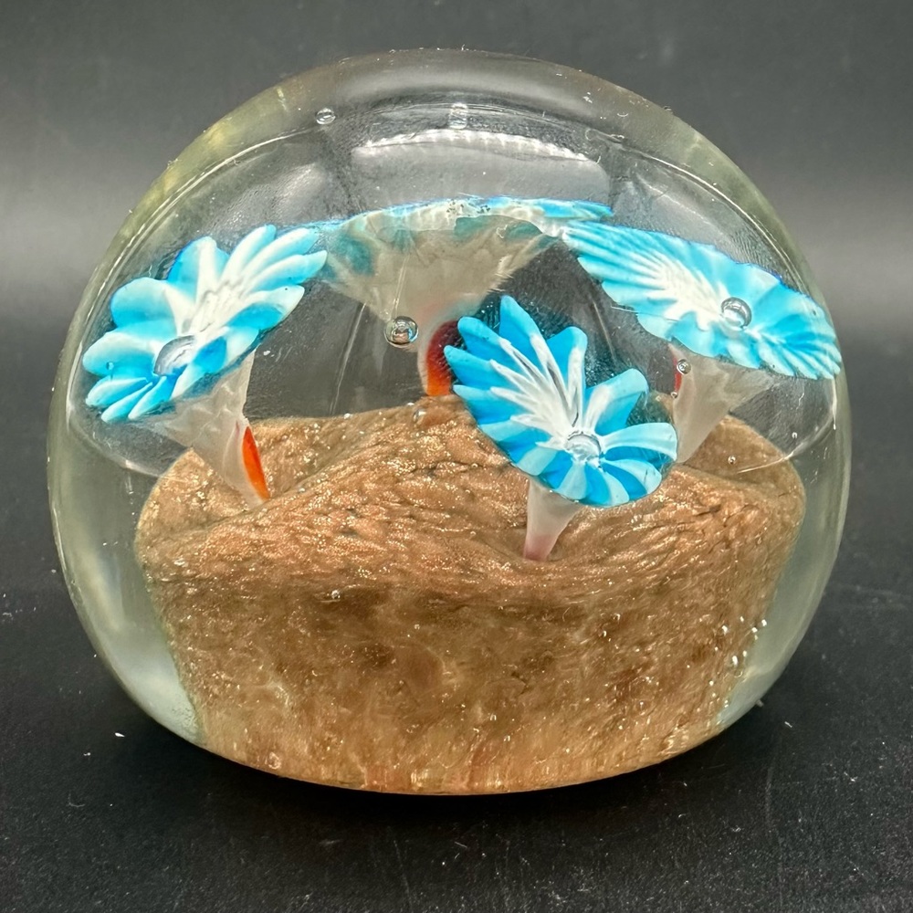 MURANO Glass Paperweight GOLD Aventurine TRUMPET FLOWER Blue White  3” ART